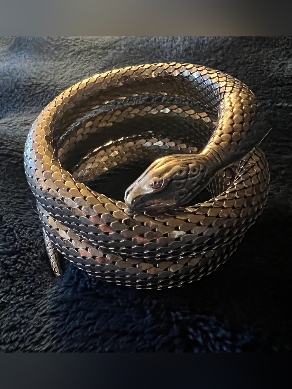 Whiting & Davis Signed Vintage Chainmail Mesh Snake Bracelet Triple Coil Gold